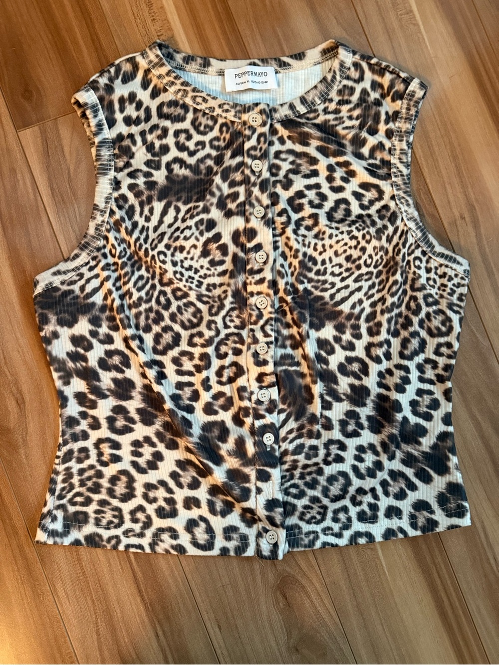 Peppermayo Leopard Print Button-Front Ribbed Sleeveless Top - Brown & Cream